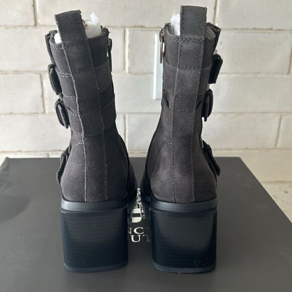 Vince Camuto Kempreea Gray Suede Buckles Mid-Shaft Boots Block Heel Zip 7 Wide - Picture 3 of 13
